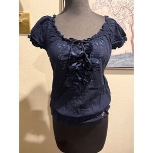 Hollister Womens Navy Blue Embroidered Floral Peasant Blouse Smocked Top Small